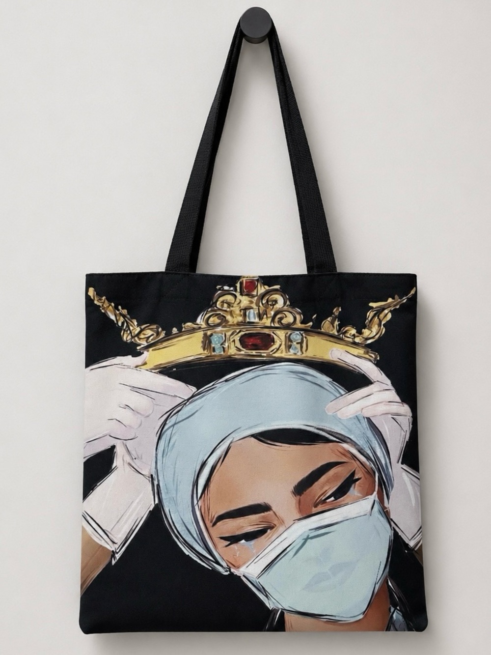 Nurse Queen Crown Graphic Tote Bag Black Reusable Shopping Shoulder Bag